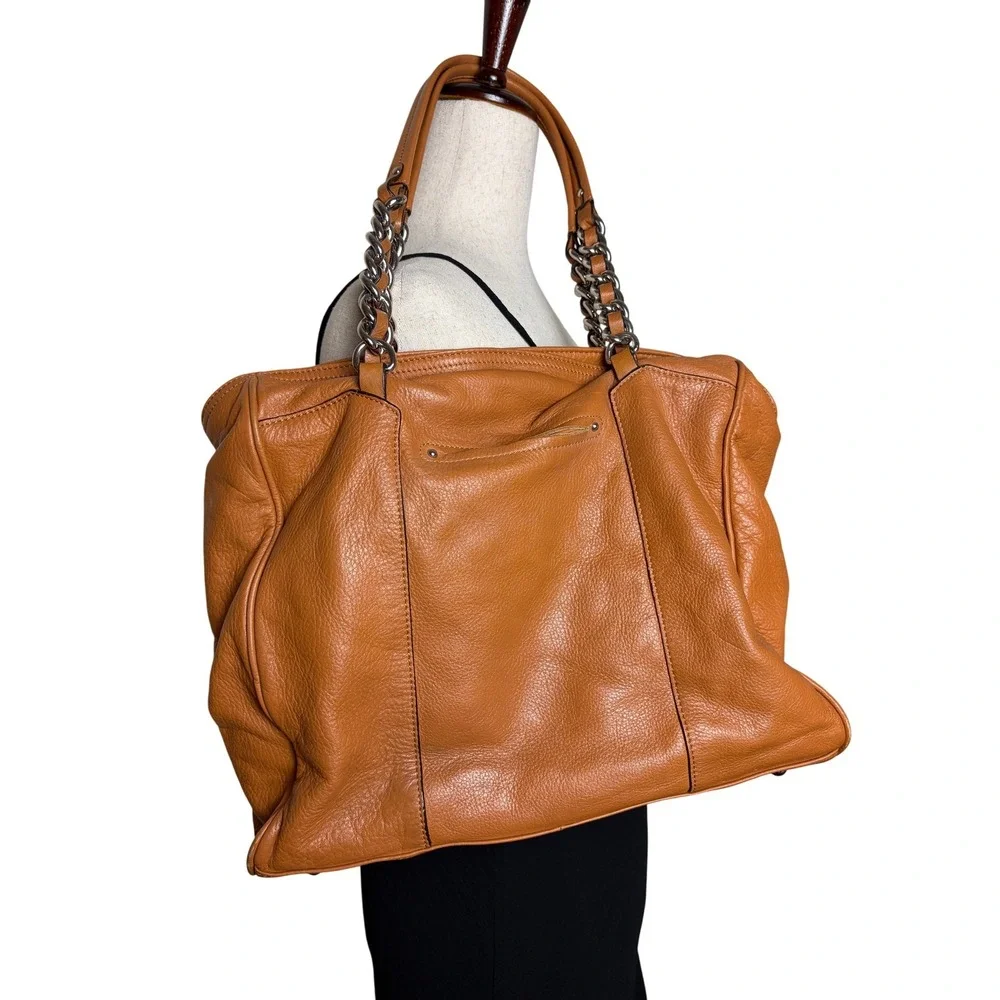 B. Makowsky Cognac Tan Pebbled Leather Chain Shoulder Bag Tote Leopard Lining - Picture 2 of 5